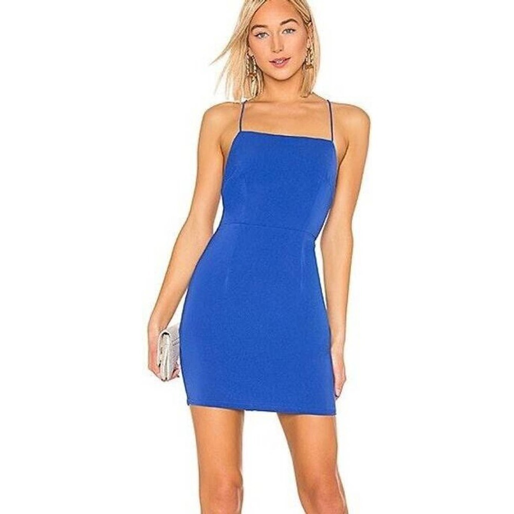 Superdown Women’s Lace Up Back Satin Mini Party Dress in Cobalt Blue Sz Large